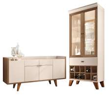 Conjunto Cristaleira Adega MDP/MDF e Buffet Balcão Andorra/Albâni Off White/Castanho G26 - Gran Belo