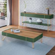 Conjunto Decorativo Aparador e Mesa de Centro Rennes MDP/MDF Pés de Aço Verde Pistache/Freijó G26 - Gran Belo