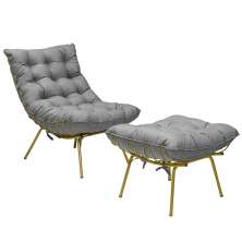 Conjunto Decorativo Poltrona e Puff Abel Base de Ferro Dourada Linho Cinza G41 - Gran Belo