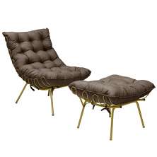 Conjunto Decorativo Poltrona e Puff Abel Base de Ferro Dourada Linho Marrom G41 - Gran Belo