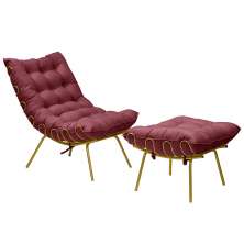 Conjunto Decorativo Poltrona e Puff Abel Base de Ferro Dourada Suede Bordô G41 - Gran Belo