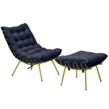 Conjunto Decorativo Poltrona e Puff Abel Base de Ferro Dourada Veludo Azul G41 - Gran Belo