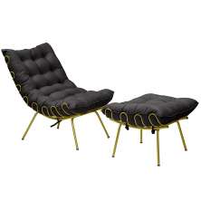 Conjunto Decorativo Poltrona e Puff Abel Base de Ferro Dourada Veludo Preto G41 - Gran Belo