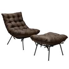 Conjunto Decorativo Poltrona e Puff Abel Base de Ferro Preto Linho Marrom - Gran Belo