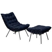 Conjunto Decorativo Poltrona e Puff Abel Base de Ferro Preto Veludo Azul G41 - Gran Belo