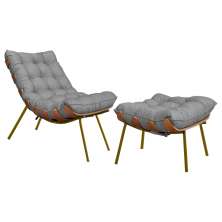 Conjunto Decorativo Poltrona e Puff Abel Base de Madeira Dourada Linho Cinza G41 - Gran Belo
