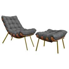 Conjunto Decorativo Poltrona e Puff Abel Base de Madeira Dourada Linho Grafite G41 - Gran Belo