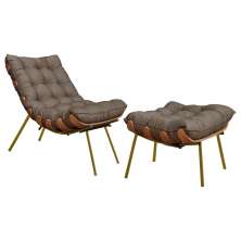 Conjunto Decorativo Poltrona e Puff Abel Base de Madeira Dourada Linho Marrom G41 - Gran Belo