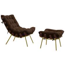 Conjunto Decorativo Poltrona e Puff Abel Base de Madeira Dourada Suede Marrom G41 - Gran Belo