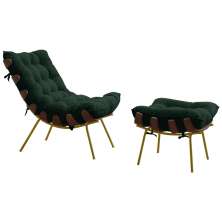 Conjunto Decorativo Poltrona e Puff Abel Base de Madeira Dourada Suede Verde G41 - Gran Belo
