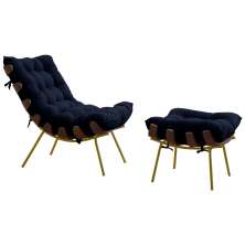 Conjunto Decorativo Poltrona e Puff Abel Base de Madeira Dourada Veludo Azul - Gran Belo