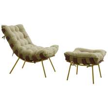 Conjunto Decorativo Poltrona e Puff Abel Base de Madeira Dourada Veludo Bege G41 - Gran Belo