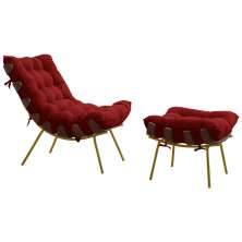 Conjunto Decorativo Poltrona e Puff Abel Base de Madeira Dourada Veludo Vermelho G41 - Gran Belo
