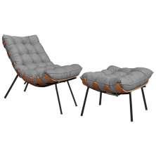 Conjunto Decorativo Poltrona e Puff Abel Base de Madeira Preto Linho Cinza G41 - Gran Belo