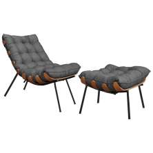 Conjunto Decorativo Poltrona e Puff Abel Base de Madeira Preto Linho Grafite G41 - Gran Belo