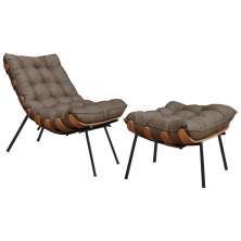 Conjunto Decorativo Poltrona e Puff Abel Base de Madeira Preto Linho Marrom G41 - Gran Belo