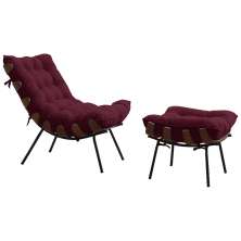 Conjunto Decorativo Poltrona e Puff Abel Base de Madeira Preto Suede Bordô G41 - Gran Belo