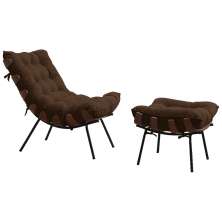 Conjunto Decorativo Poltrona e Puff Abel Base de Madeira Preto Suede Marrom G41 - Gran Belo