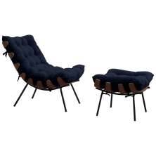 Conjunto Decorativo Poltrona e Puff Abel Base de Madeira Preto Veludo Azul G41 - Gran Belo