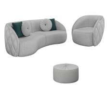 Conjunto Decorativo Sofá 240cm e Poltrona Clarke com Puff Round Linho Cinza G45 - Gran Belo