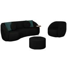 Conjunto Decorativo Sofá 288cm e Poltrona Clarke com Puff Round Veludo Preto G45 - Gran Belo