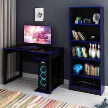 Conjunto Mesa e Armário para Escritório Home Office Gamer Cool MDP Preto/Azul G69 - Gran Belo