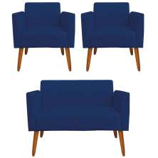 Conjunto Namoradeira e 2 Poltronas Decorativas Isabella Pés Palito Madeira Suede Azul Marinho G19 - Gran Belo