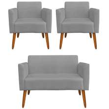 Conjunto Namoradeira e 2 Poltronas Decorativas Isabella Pés Palito Madeira Suede Grafite G19 - Gran Belo