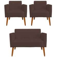 Conjunto Namoradeira e 2 Poltronas Decorativas Isabella Pés Palito Madeira Suede Marrom G19 - Gran Belo