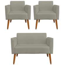 Conjunto Namoradeira e 2 Poltronas Decorativas Isabella Pés Palito Madeira Suede Nude G19 - Gran Belo