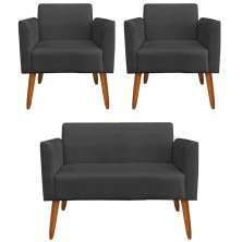 Conjunto Namoradeira e 2 Poltronas Decorativas Isabella Pés Palito Madeira Suede Preto G19 - Gran Belo