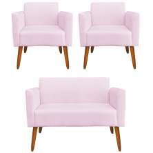 Conjunto Namoradeira e 2 Poltronas Decorativas Isabella Pés Palito Madeira Suede Rosa Bebê G19 - Gran Belo