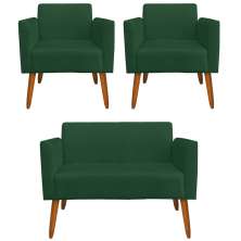 Conjunto Namoradeira e 2 Poltronas Decorativas Isabella Pés Palito Madeira Suede Verde G19 - Gran Belo