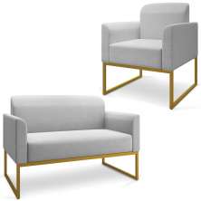 Conjunto Namoradeira e Poltrona Decorativa Isabella Base Industrial Linho Cinza/Dourado G19 - Gran Belo