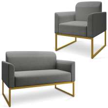Conjunto Namoradeira e Poltrona Decorativa Isabella Base Industrial Linho Grafite/Dourado G19 - Gran Belo
