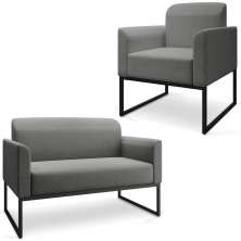 Conjunto Namoradeira e Poltrona Decorativa Isabella Base Industrial Linho Grafite/Preto G19 - Gran Belo
