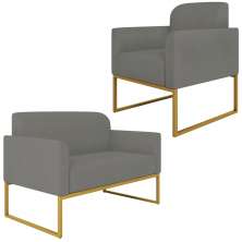 Conjunto Namoradeira e Poltrona Decorativa Isabella Base Industrial Suede Grafite/Dourado G19 - Gran Belo