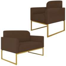 Conjunto Namoradeira e Poltrona Decorativa Isabella Base Industrial Suede Marrom/Dourado G19 - Gran Belo