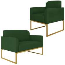 Conjunto Namoradeira e Poltrona Decorativa Isabella Base Industrial Suede Verde/Dourado G19 - Gran Belo