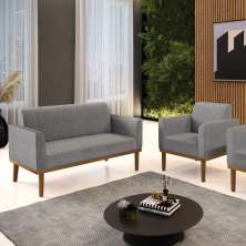Conjunto Poltrona e Namoradeira Decorativa Isabella Pés Fixo em Madeira Castanho Linho Cinza Mesclado G19 - Gran Belo