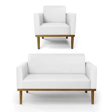 Conjunto Poltrona e Namoradeira Decorativa Isabella Pés Fixo em Madeira Castanho PU Branco G19 - Gran Belo