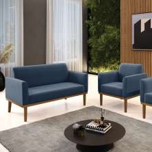 Conjunto Poltrona e Namoradeira Decorativa Isabella Pés Fixo em Madeira Castanho Suede Azul Marinho G19 - Gran Belo