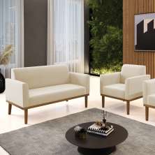 Conjunto Poltrona e Namoradeira Decorativa Isabella Pés Fixo em Madeira Castanho Suede Bege G19 - Gran Belo