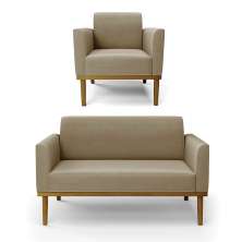 Conjunto Poltrona e Namoradeira Decorativa Isabella Pés Fixo em Madeira Castanho Suede Nude G19 - Gran Belo