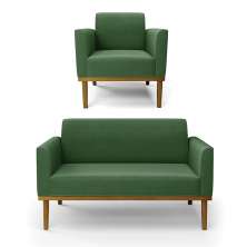 Conjunto Poltrona e Namoradeira Decorativa Isabella Pés Fixo em Madeira Castanho Suede Verde G19 - Gran Belo