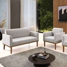 Conjunto Poltrona e Namoradeira Decorativa Isabella Pés Fixo em Madeira Castanho Veludo Cinza G19 - Gran Belo