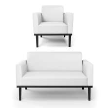 Conjunto Poltrona e Namoradeira Decorativa Isabella Pés Fixo em Madeira Preto PU Branco G19 - Gran Belo