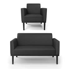 Conjunto Poltrona e Namoradeira Decorativa Isabella Pés Fixo em Madeira Preto PU Preto G19 - Gran Belo