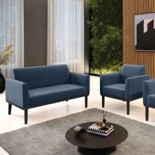 Conjunto Poltrona e Namoradeira Decorativa Isabella Pés Fixo em Madeira Preto Suede Azul Marinho G19 - Gran Belo