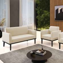 Conjunto Poltrona e Namoradeira Decorativa Isabella Pés Fixo em Madeira Preto Suede Bege G19 - Gran Belo